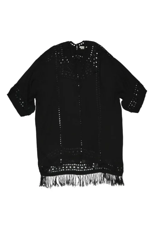 Black paneled eyelet viscose short sleeve shift dress with fringe-trimmed hem