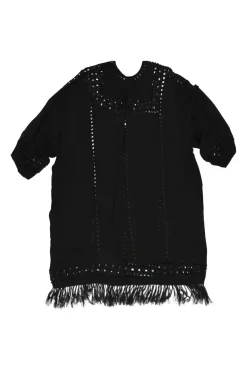 Black paneled eyelet viscose short sleeve shift dress with fringe-trimmed hem