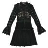 Black paneled guipure lace bib A-line peek-a-boo mini dress with flounce sleeves and plissé skirt