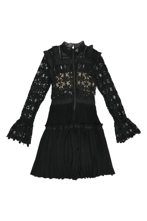 Black paneled guipure lace bib A-line peek-a-boo mini dress with flounce sleeves and plissé skirt
