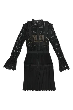 Black paneled guipure lace bib A-line peek-a-boo mini dress with flounce sleeves and plissé skirt