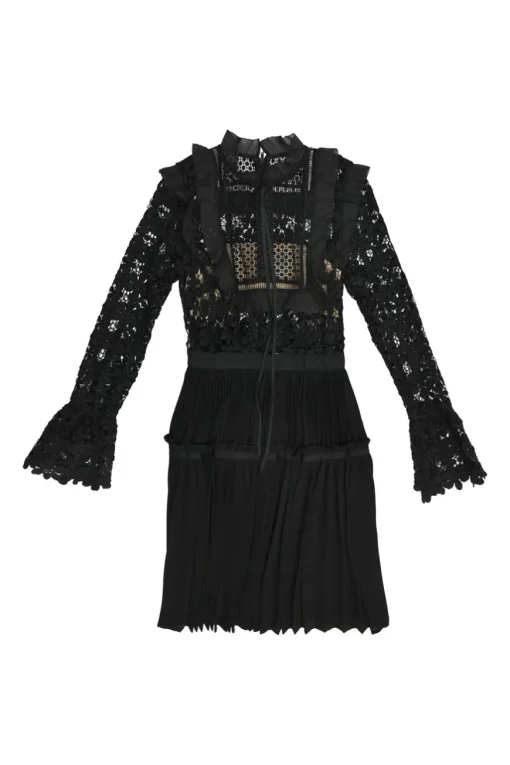 Black paneled guipure lace bib A-line peek-a-boo mini dress with flounce sleeves and plissé skirt