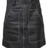 Black paneled leather mini skirt with belt loop waistband, hip patch pockets, and rear logo patch pocket appliqué