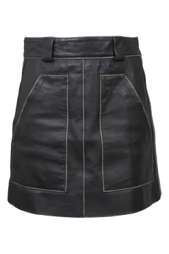 Black paneled leather mini skirt with belt loop waistband, hip patch pockets, and rear logo patch pocket appliqué