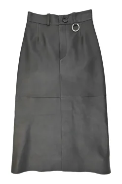 Black paneled leather pull-on midi A-line skirt