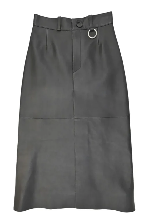 Black paneled leather pull-on midi A-line skirt
