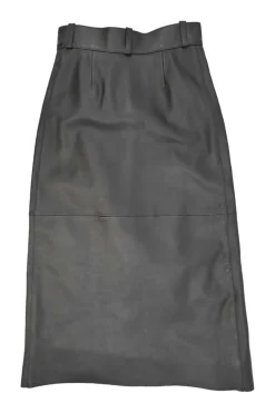 Black paneled leather pull-on midi A-line skirt