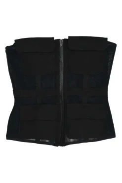 Black paneled nylon mesh peek-a-boo strapless zip-up corset top