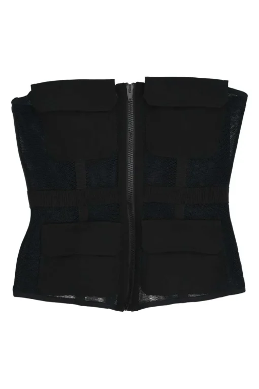 Black paneled nylon mesh peek-a-boo strapless zip-up corset top