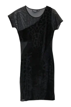 Black paneled nylon mesh and abstract devoré velvet pullover micro-mini sheath dress