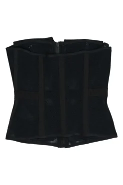 Black paneled nylon mesh peek-a-boo strapless zip-up corset top