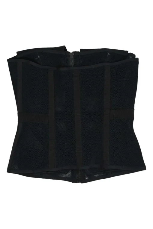 Black paneled nylon mesh peek-a-boo strapless zip-up corset top