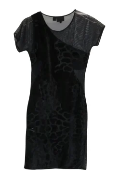 Black paneled nylon mesh and abstract devoré velvet pullover micro-mini sheath dress