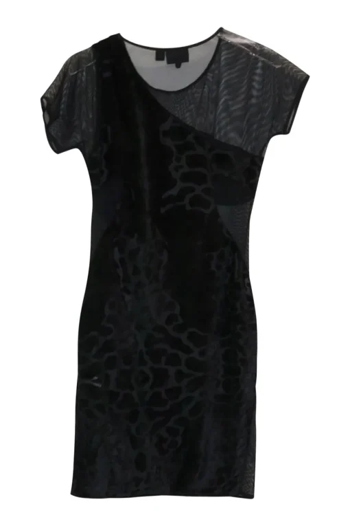 Black paneled nylon mesh and abstract devoré velvet pullover micro-mini sheath dress