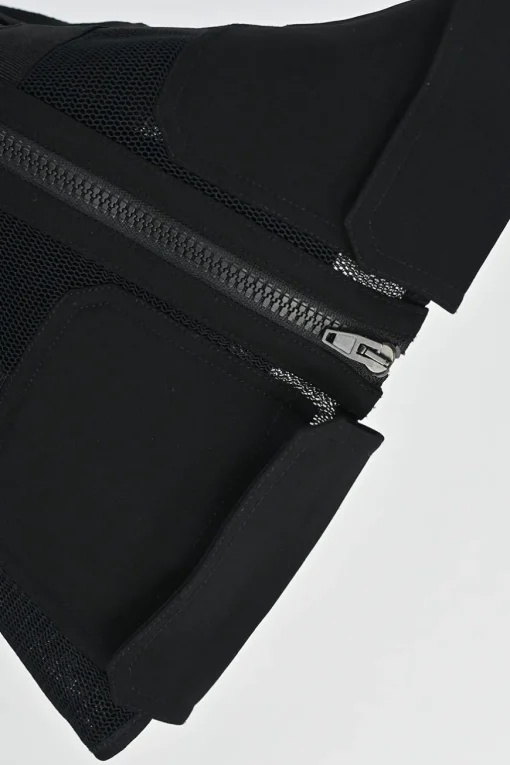 Black paneled nylon mesh peek-a-boo strapless zip-up corset top