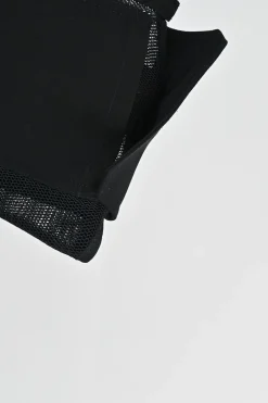 Black paneled nylon mesh peek-a-boo strapless zip-up corset top