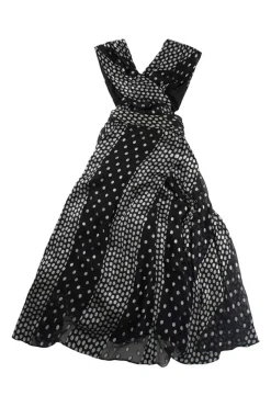 Black paneled polka dot wrap-effect tie-waist A-line midi dress with criss-cross back