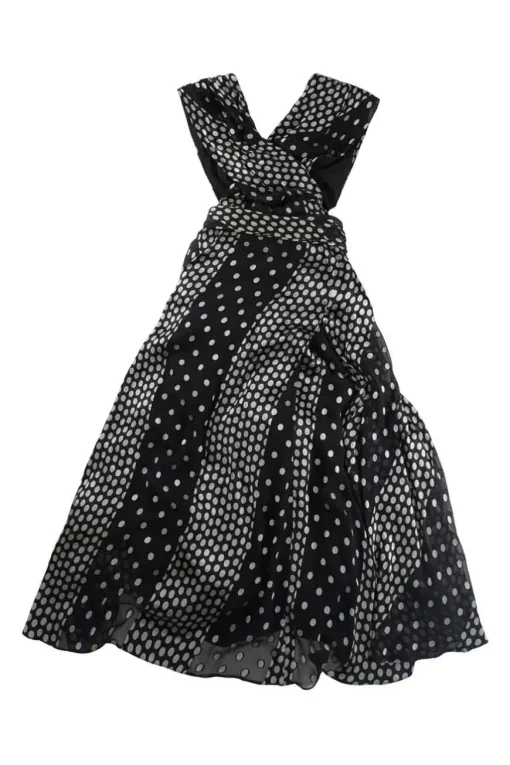 Black paneled polka dot wrap-effect tie-waist A-line midi dress with criss-cross back