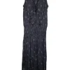 Black paneled polyester floral print plissé pullover smocked A-line sun dress with self-tie at neckline front