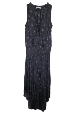Black paneled polyester floral print plissé pullover smocked A-line sun dress with self-tie at neckline front