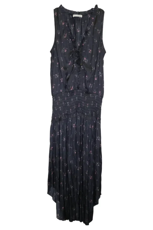 Black paneled polyester floral print plissé pullover smocked A-line sun dress with self-tie at neckline front