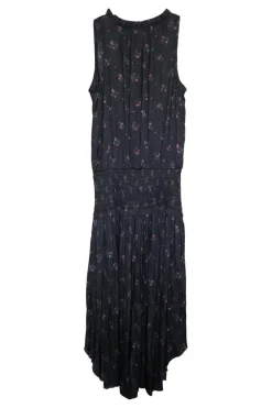 Black paneled polyester floral print plissé pullover smocked A-line sun dress with self-tie at neckline front