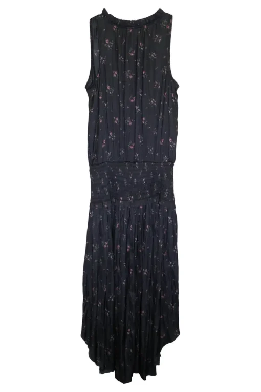 Black paneled polyester floral print plissé pullover smocked A-line sun dress with self-tie at neckline front