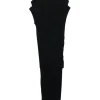 Black paneled polyester pullover slip-style plissé dress with fixed spaghetti straps