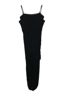 Black paneled polyester pullover slip-style plissé dress with fixed spaghetti straps