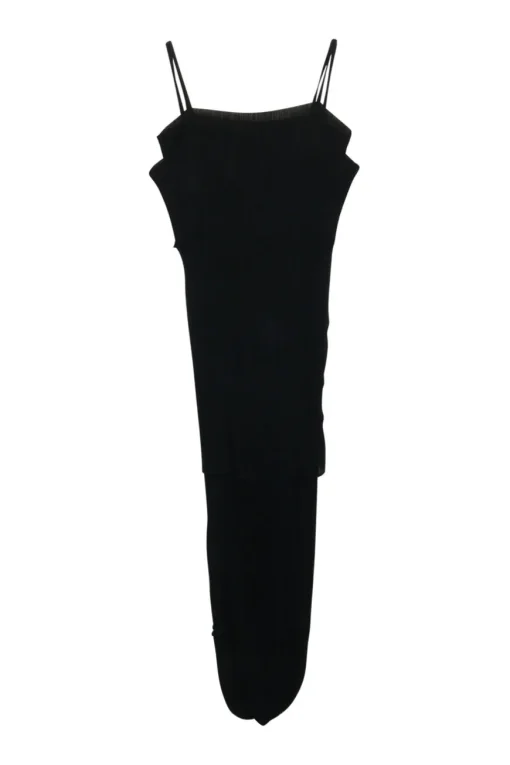Black paneled polyester pullover slip-style plissé dress with fixed spaghetti straps