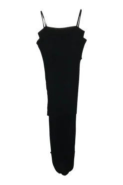 Black paneled polyester pullover slip-style plissé dress with fixed spaghetti straps
