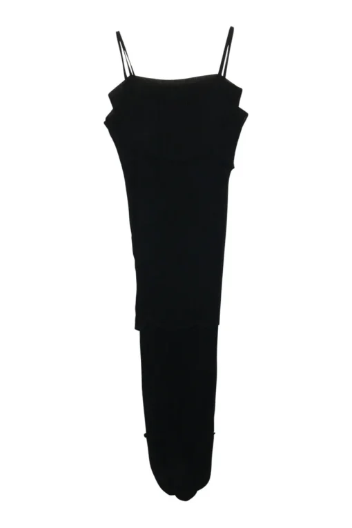 Black paneled polyester pullover slip-style plissé dress with fixed spaghetti straps