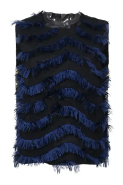 Black paneled polyester sleeveless blouse with chevron fringe chenille trim appliqué and metallic floral jacquard back panels