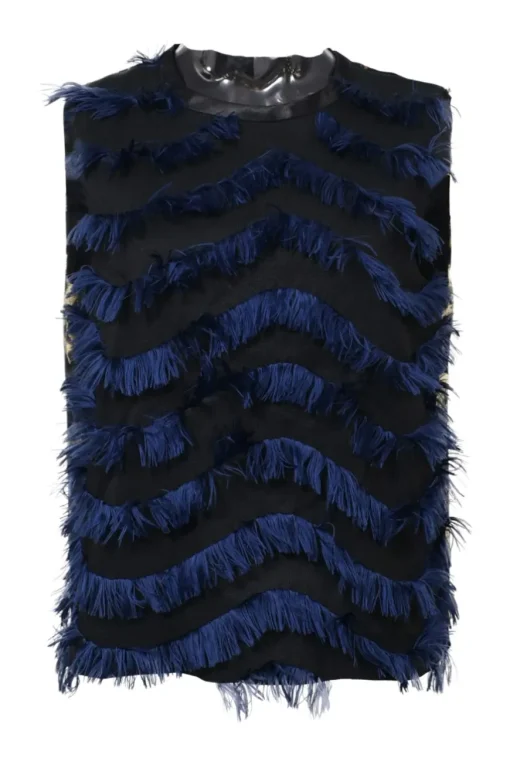 Black paneled polyester sleeveless blouse with chevron fringe chenille trim appliqué and metallic floral jacquard back panels