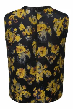 Black paneled polyester sleeveless blouse with chevron fringe chenille trim appliqué and metallic floral jacquard back panels