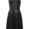 Black paneled sequined tulle and knife-pleat chiffon sleeveless peek-a-boo dress with plunge back