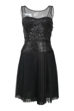 Black paneled sequined tulle and knife-pleat chiffon sleeveless peek-a-boo dress with plunge back