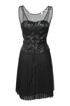 Black paneled sequined tulle and knife-pleat chiffon sleeveless peek-a-boo dress with plunge back
