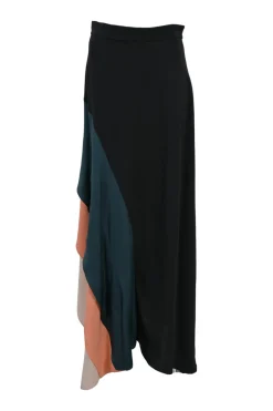 Black paneled silk asymmetric Delma maxi skirt with tiered contrast handkerchief inserts