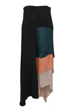 Black paneled silk asymmetric Delma maxi skirt with tiered contrast handkerchief inserts