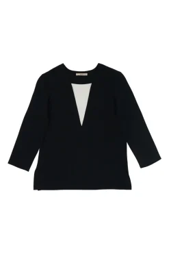 Black paneled silk cropped sleeve V-neck top