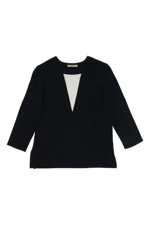 Black paneled silk cropped sleeve V-neck top