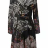 Black paneled silk floral print peek-a-boo bell sleeve belted A-line dress with semi-sheer lace yoke and skirt insert