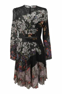 Black paneled silk floral print peek-a-boo bell sleeve belted A-line dress with semi-sheer lace yoke and skirt insert