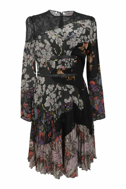 Black paneled silk floral print peek-a-boo bell sleeve belted A-line dress with semi-sheer lace yoke and skirt insert