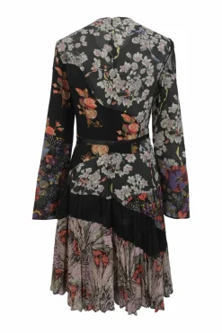 Black paneled silk floral print peek-a-boo bell sleeve belted A-line dress with semi-sheer lace yoke and skirt insert