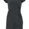 Black paneled stripe rayon-blend jersey knit criss-cross cap sleeve mini sheath dress