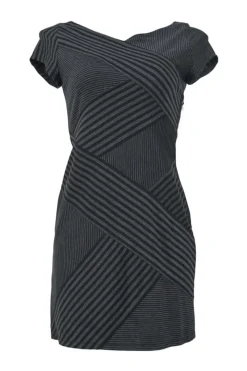 Black paneled stripe rayon-blend jersey knit criss-cross cap sleeve mini sheath dress