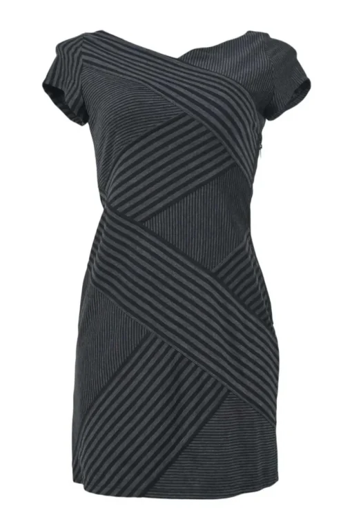 Black paneled stripe rayon-blend jersey knit criss-cross cap sleeve mini sheath dress