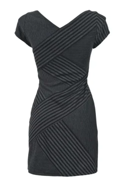 Black paneled stripe rayon-blend jersey knit criss-cross cap sleeve mini sheath dress